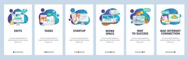 Web sitesi onboarding ekranlar. İş yönetimi ve yazılım geliştirme. Menü vektör banner Şablon Web sitesi ve mobil uygulama geliştirme için. Modern düz tasarlamak.