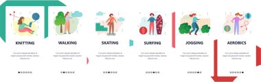 Web sitesi onboarding ekranlar. Spor, hobi ve boş zaman faaliyetleri. Menü vektör banner Şablon Web sitesi ve mobil uygulama geliştirme için. Modern düz tasarlamak.