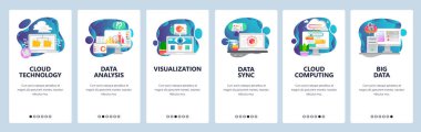 Web sitesi onboarding ekranlar. Yeni teknolojiler, bulut depolama, büyük veri analizi, bulut bilgisayar. Menü vektör banner Şablon Web sitesi ve mobil uygulama geliştirme için. Modern düz tasarlamak.