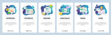 Web sitesi onboarding ekranlar. İş yönetimi, Cv ve Portföy, erişim kartı görevler. Menü vektör banner Şablon Web sitesi ve mobil uygulama geliştirme için. Modern düz tasarlamak.