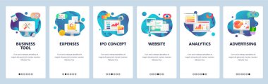 Web sitesi onboarding ekranlar. Mali rapor, iş araçları, analytics. Menü vektör banner Şablon Web sitesi ve mobil uygulama geliştirme için. Modern düz tasarlamak.