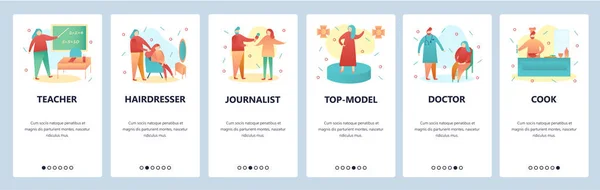 Web site onboarding screens. People of different professions, teacher, doctor, chef. Menu vector banner template for website and mobile app development. Modern design flat illustration.