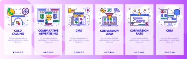 Web sitesi onboarding ekranlar. Merkezi, Cms, Crm sistemleri, dönüşüm oranı arayın. Menü vektör banner Şablon Web sitesi ve mobil uygulama geliştirme için. Modern düz tasarlamak.