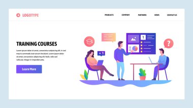 Vektör web sitesi tasarım şablonu. İş toplantısı ve tanıtım. Öğretmen ile eğitim kursu. Web sitesi ve mobil geliştirme için açılış sayfası kavramları. Modern düz illüstrasyon.