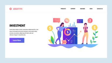 Vektör web sitesi tasarım şablonu. Para yatırım ve kar büyüme. Web sitesi ve mobil geliştirme için açılış sayfası kavramları. Modern düz illüstrasyon.
