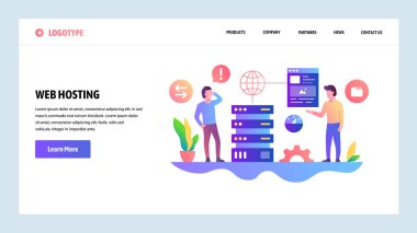 Vektör web sitesi tasarım şablonu. Web hosting ve datacenter. Web sitesi ve mobil geliştirme için açılış sayfası kavramları. Modern düz illüstrasyon.