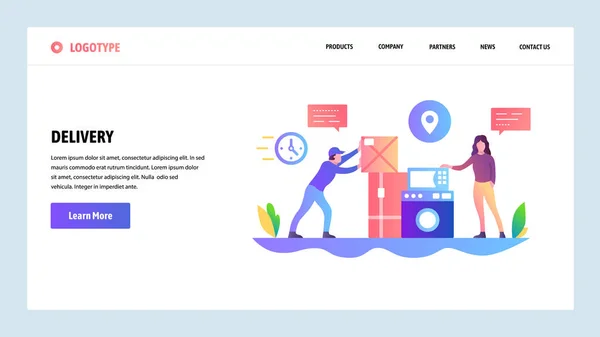 Plantilla de diseño del sitio web del vector. Entrega y compras en línea. El mensajero entrega paquetes a la puerta. Conceptos de landing page para desarrollo web y móvil. Ilustración plana moderna . — Vector de stock