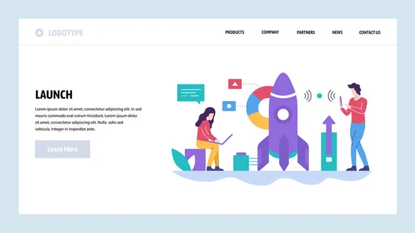 Plantilla de diseño del sitio web del vector. Lanzamiento de cohetes. Empezar nuevos negocios. Conceptos de landing page para desarrollo web y móvil. Ilustración plana moderna . — Archivo Imágenes Vectoriales
