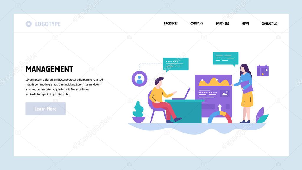 Vector web site design template. Business management, office meeting, financial report presentation. Landing page concepts for website and mobile development. Modern flat illustration.