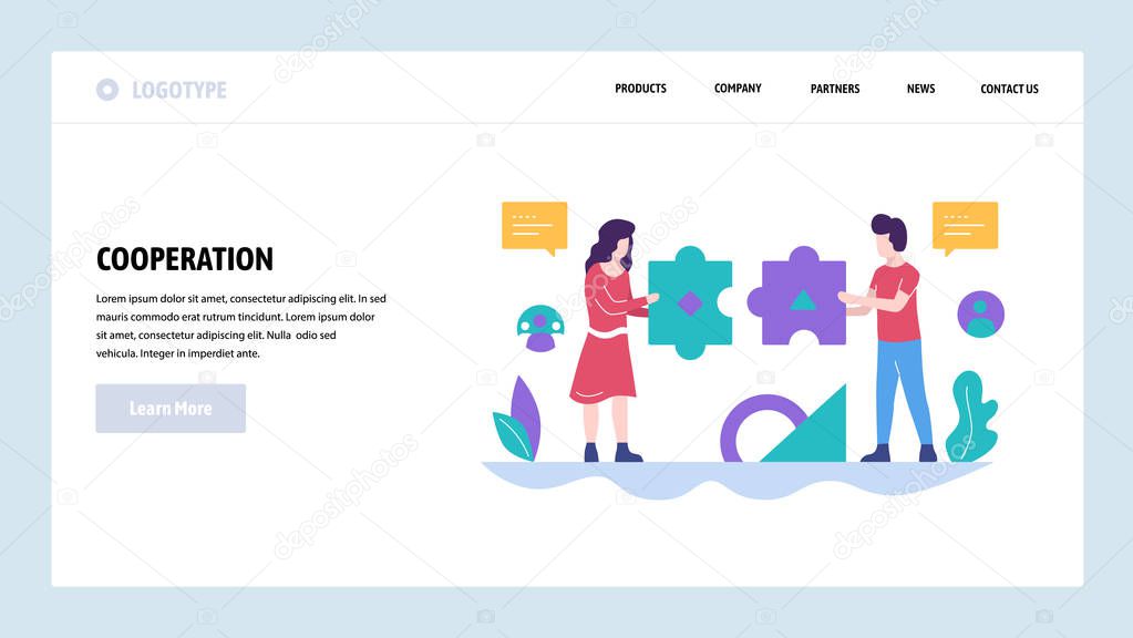 Vector web site design template. Teamwork, partnership and people cooperation. Connecting puzzle. Landing page concepts for website and mobile development. Modern flat illustration.