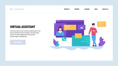 Vektör web sitesi tasarım şablonu. Online müşteri desteği, kişisel AI sanal asistan, internet IVR sohbet bot. Web sitesi ve mobil geliştirme için açılış sayfası kavramları. Modern düz illüstrasyon.