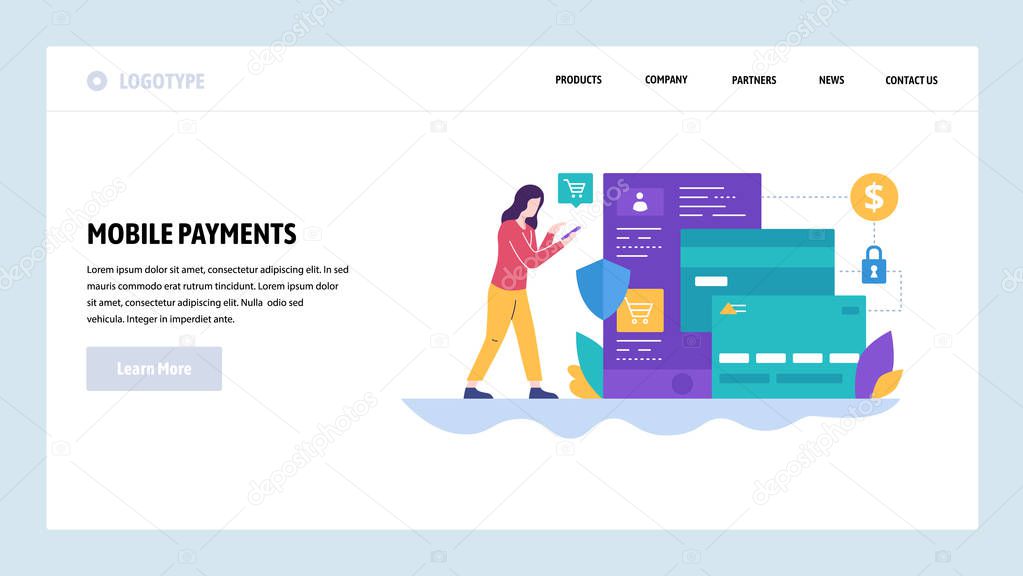 Vector web site design template. Online shopping and mobile phone secure payments. Landing page concepts for website and mobile development. Modern flat illustration.