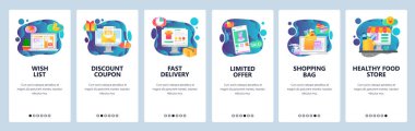Mobil app onboarding ekranlar. Online alışveriş, istek listesi, satış ve promosyon, bakkal. Menü vektör banner Şablon Web sitesi ve mobil geliştirme için. Düz tasarlamak Web sitesi.