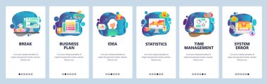 Mobil app onboarding ekranlar. Kahve molası, iş planı, office zaman yönetimi. Menü vektör banner Şablon Web sitesi ve mobil geliştirme için. Düz tasarlamak Web sitesi.