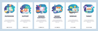Mobil app onboarding ekranlar. Office evrak, iş webinar, sözleşme imzalamak. Menü vektör banner Şablon Web sitesi ve mobil geliştirme için. Düz tasarlamak Web sitesi.