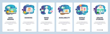 Mobil app onboarding ekranlar. İş, veri madenciliği, zihin haritası ve sıralaması. Menü vektör banner Şablon Web sitesi ve mobil geliştirme için. Düz tasarlamak Web sitesi.