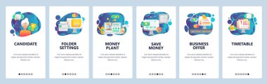 Mobil app onboarding ekranlar. İş teklif, para ağacı, zamanlama ve son tarih. Menü vektör banner Şablon Web sitesi ve mobil geliştirme için. Düz tasarlamak Web sitesi.