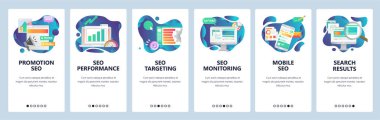 Mobil app onboarding ekranlar. Dijital internet pazarlama ve SEO Optimizasyon. Menü vektör banner Şablon Web sitesi ve mobil geliştirme için. Düz tasarlamak Web sitesi.