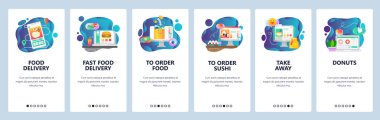 Mobil app onboarding ekranlar. Gıda teslim, sipariş bakkal online mağaza. Menü vektör banner Şablon Web sitesi ve mobil geliştirme için. Düz tasarlamak Web sitesi.