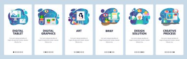 Mobil app onboarding ekranlar. Dijital illüstrasyon, sanat. yaratıcı ve tasarım. Menü vektör banner Şablon Web sitesi ve mobil geliştirme için. Düz tasarlamak Web sitesi.