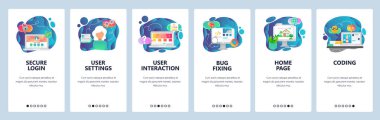 Mobil app onboarding ekranlar. Güvenli giriş, Web sitesi kodlama ve yazılım geliştirme. Menü vektör banner Şablon Web sitesi ve mobil geliştirme için. Düz tasarlamak Web sitesi.