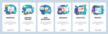 Mobil app onboarding ekranlar. İş planı, mali araştırma ve analitik. Menü vektör banner Şablon Web sitesi ve mobil geliştirme için. Düz tasarlamak Web sitesi.