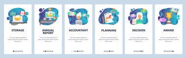 Mobil app onboarding ekranlar. İş planı, mali rapor ve analytics, muhasebeci. Menü vektör banner Şablon Web sitesi ve mobil geliştirme için. Düz tasarlamak Web sitesi
