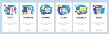 Mobil app onboarding ekranlar. Sosyal medya ağı, fotoğraf paylaşımı ve bilgisayar hizmetleri. Menü vektör banner Şablon Web sitesi ve mobil geliştirme için. Düz tasarlamak Web sitesi