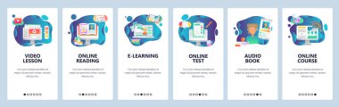 Mobil app onboarding ekranlar. Online Eğitim ve internet videosu, sesli kitap ve online kurslar. Vektör banner Şablon Web sitesi ve mobil geliştirme için. Web sitesi tasarlamak