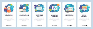 Mobil app onboarding ekranlar. Eğitim, kitap okumak, çevrimiçi öğretici öğrenme. Menü vektör banner Şablon Web sitesi ve mobil geliştirme için. Düz tasarlamak Web sitesi
