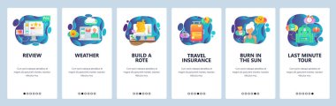 Mobil app onboarding ekranlar. Tatil, seyahat sigortası, planlama değerlendirmeleri. Menü vektör banner Şablon Web sitesi ve mobil geliştirme için. Düz tasarlamak Web sitesi