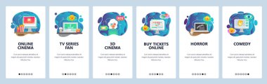 Mobil app onboarding ekranlar. Online sinema, sinema bileti, 3d gözlük, Tv dizisi. Menü vektör banner Şablon Web sitesi ve mobil geliştirme için. Düz tasarlamak Web sitesi