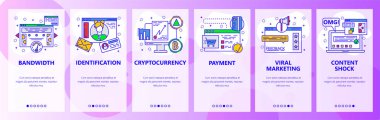 Mobil app onboarding ekranlar. Internet hız testi, cryptocurrency, online ödeme, dijital para, viral pazarlama. Vektör banner Şablon Web sitesi ve mobil geliştirme için. Web sitesi illüstrasyon