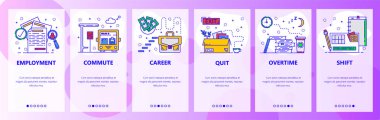 Mobil app onboarding ekranlar. Kariyer, iş, kariyer basamaklarını, fazla mesai iş ve vardiya. Menü vektör banner Şablon Web sitesi ve mobil geliştirme için. Düz tasarlamak Web sitesi