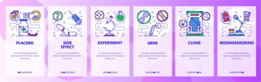 Mobil app onboarding ekranlar. Bioengeneering ve genetik bilim, plasebo ve tıbbi ilaçlar. Menü vektör banner Şablon Web sitesi ve mobil geliştirme için. Düz tasarlamak Web sitesi