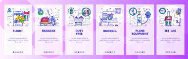 Mobil app onboarding ekranlar. Uçak, uçak bilet rezervasyonu, Bagaj ve duty free mağazası tarafından seyahat. Menü vektör banner Şablon Web sitesi ve mobil geliştirme için. Düz tasarlamak Web sitesi