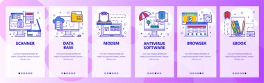 Mobil app onboarding ekranlar. Bilgisayar donanım, yönlendirici, yazıcı, virüsten koruma yazılımı. Menü vektör banner Şablon Web sitesi ve mobil geliştirme için. Düz tasarlamak Web sitesi