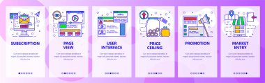 Mobil app onboarding ekranlar. Abonelik, kullanıcı arabirimi, Pazar tanıtım, e-posta pazarlama. Menü vektör banner Şablon Web sitesi ve mobil geliştirme için. Düz tasarlamak Web sitesi