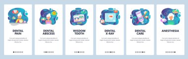 Mobil app onboarding ekranlar. Diş Kliniğimizde tedavi, diş ağrısı, x-ışını, yirmilik diş. Menü vektör banner Şablon Web sitesi ve mobil geliştirme için. Düz tasarlamak Web sitesi