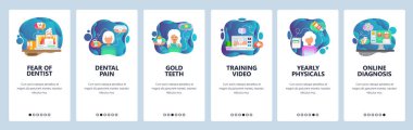 Mobil app onboarding ekranlar. Diş Bakımı ve diş tedavisi, korku, dişçi Doktor, klinik. Menü vektör banner Şablon Web sitesi ve mobil geliştirme için. Düz tasarlamak Web sitesi
