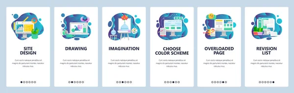 Telas de onboarding de aplicativos móveis. Arte, design e imaginação criativa. Pintura. wireframe, notícias. Modelo de banner vetorial de menu para site e desenvolvimento móvel. Web site design ilustração plana . —  Vetores de Stock