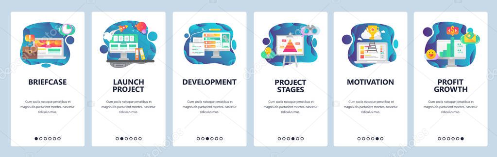 Mobile app onboarding screens. Business project launch, development and deadline. Financial growth and success. Menu vector banner template for website and mobile development. Web site illustration.