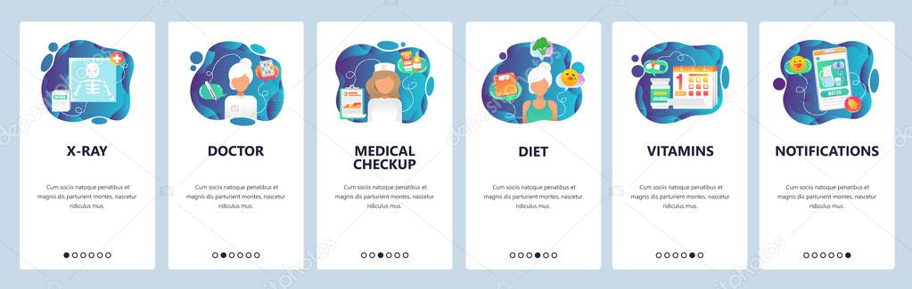 Mobile app onboarding screens. Medical checkup, hospital doctor, prescription drugs and x-ray . Menu vector banner template for website and mobile development. Web site design flat illustration
