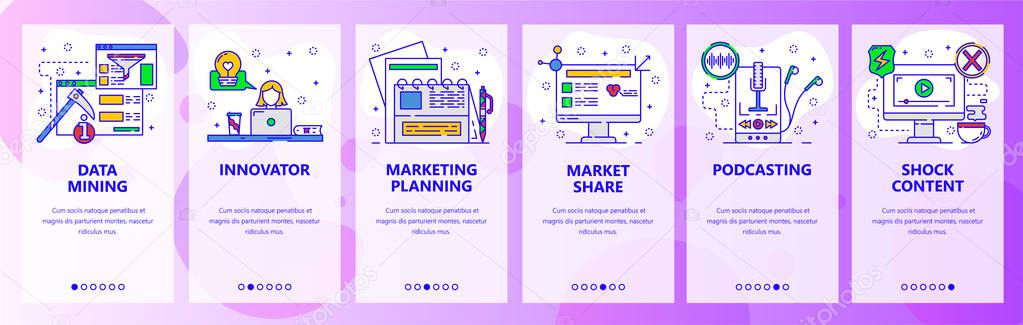 Mobile app onboarding screens. Data mining, audio and video content, podcast. Menu vector banner template for website and mobile development. Web site design flat illustration