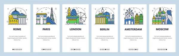 Mobile app onboarding screens. Tourist sightseeing, Europe cities landmarks, travel Europe. Menu vector banner template for website and mobile development. Web site design flat illustration — Stock Vector