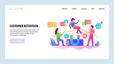 Vektör web sitesi tasarım şablonu. Müşteri tutma ve sadakat kavramı. İş pazarlama, müvekkil ilişkisi. Web sitesi ve mobil geliştirme için açılış sayfası kavramları. Modern düz illüstrasyon