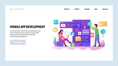 Vektör web sitesi tasarım şablonu. Mobil uygulama geliştirme ekibi, programcı bir yazılım kodu oluşturun. Web sitesi ve mobil uygulama için açılış sayfası kavramları. Modern düz illüstrasyon