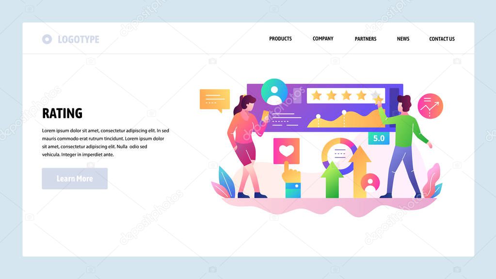Vector web site design template. Customer review and rating, client satisfaction management, customer survey. Landing page concepts for website and mobile development. Modern flat illustration