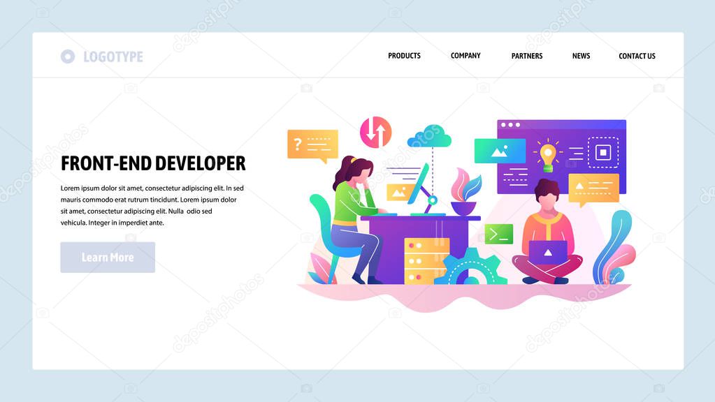 Vector web site design template. Software development, programmer writing code, teamwork. Landing page concepts for website and mobile development. Modern flat illustration