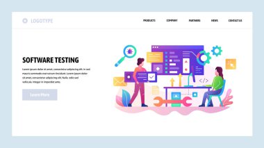 Vektör web sitesi tasarım şablonu. Yazılım geliştirme ve kod test, uygulama kodlama programcı. Web sitesi ve mobil geliştirme için açılış sayfası kavramları. Modern düz illüstrasyon